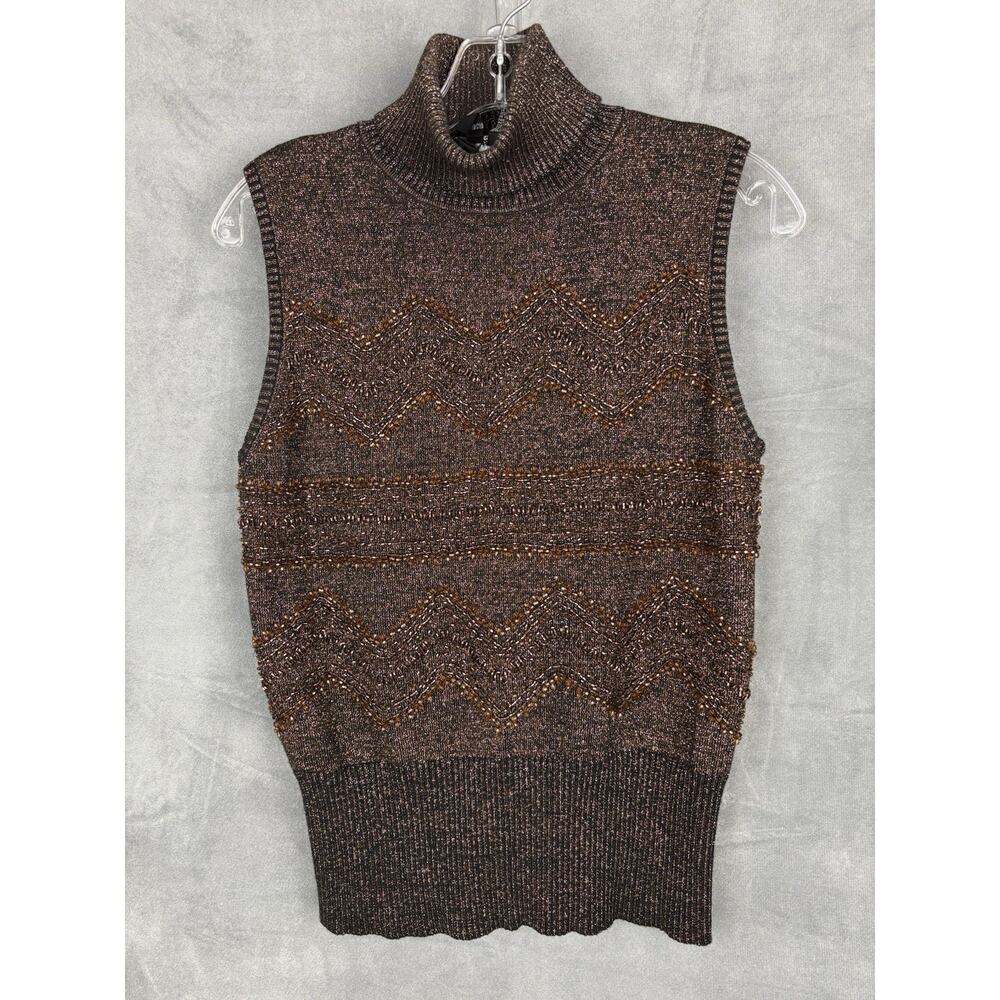 Lillie Rubin Metallic Brown Beaded Sleeveless Turtleneck Top Size M Embroidered